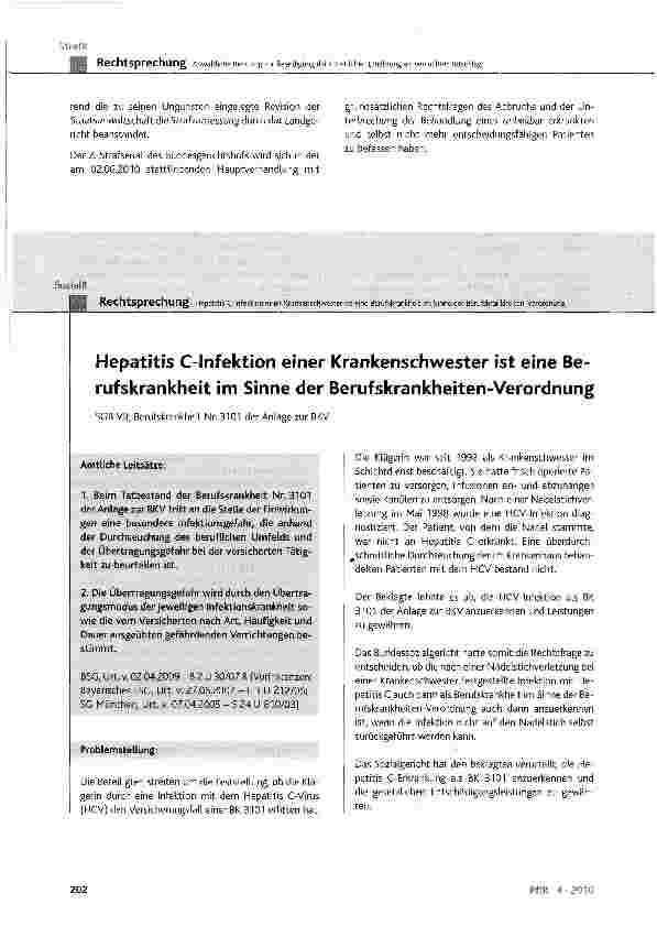Vorschauseite 1: Hepatitis C-Infektion einer Krankenschwester ist eine Berufskrankheit im Sinne der Berufskrankheiten-Verordnung