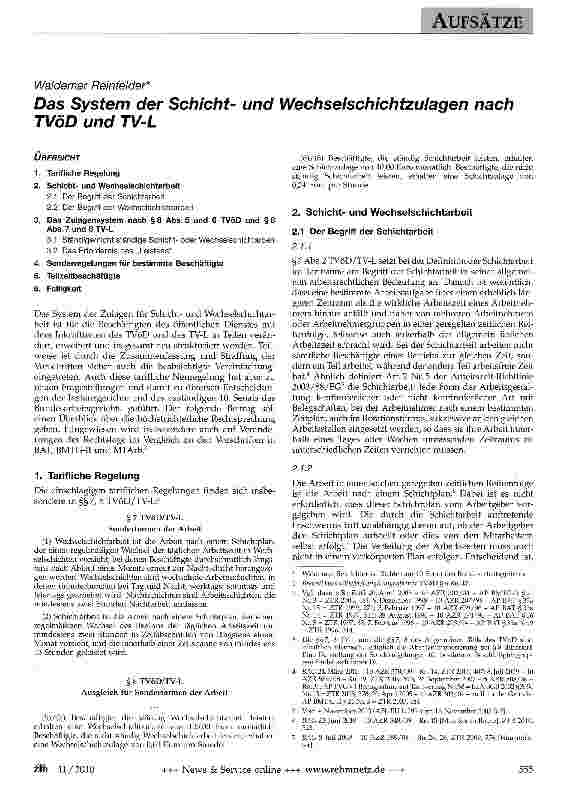 Vorschauseite 1: Das System der Schichtund Wechselschichtzulagen nach TVöD und TV-L
