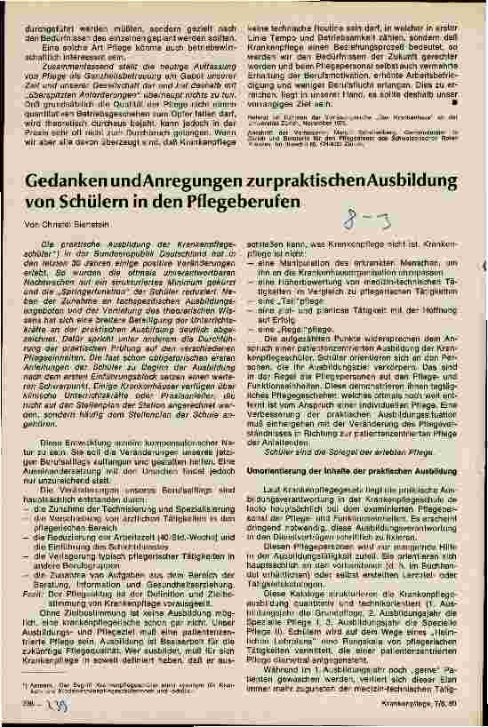 Vorschauseite 1: Gedanken und Anregungen zur praktischen Ausbildung von Schülern in den Pflegeberufen