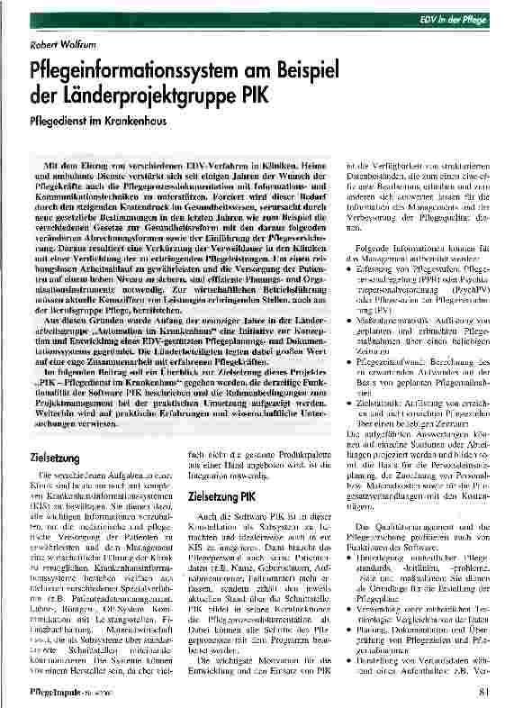 Vorschauseite 1: Pflegeinformationssystem am Beispiel der Länderprojektgruppe PIK Pflegedienst im Krankenhaus