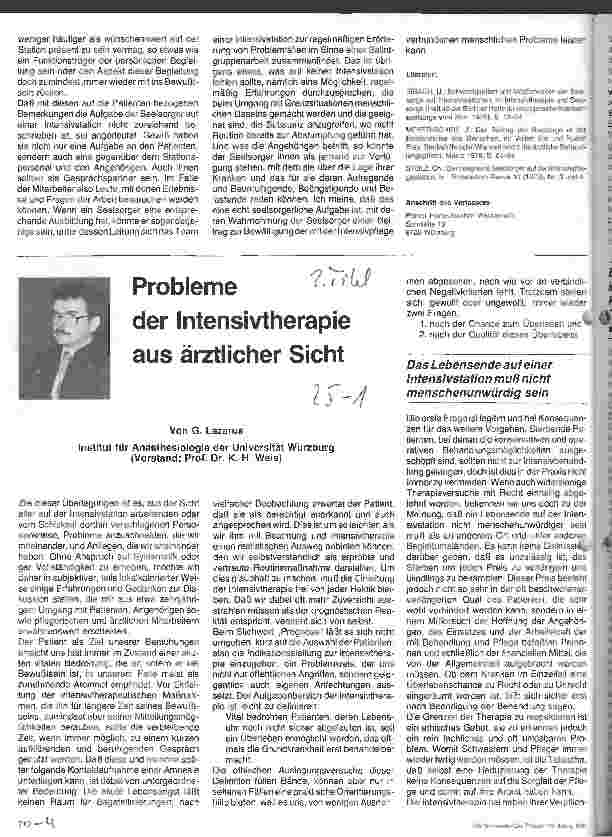 Vorschauseite 1: Psychologische Aspekte in der Intensivpflege - Teil 2 (Schluß) Probleme der Intensivtherapie aus ärztlicher Sicht.