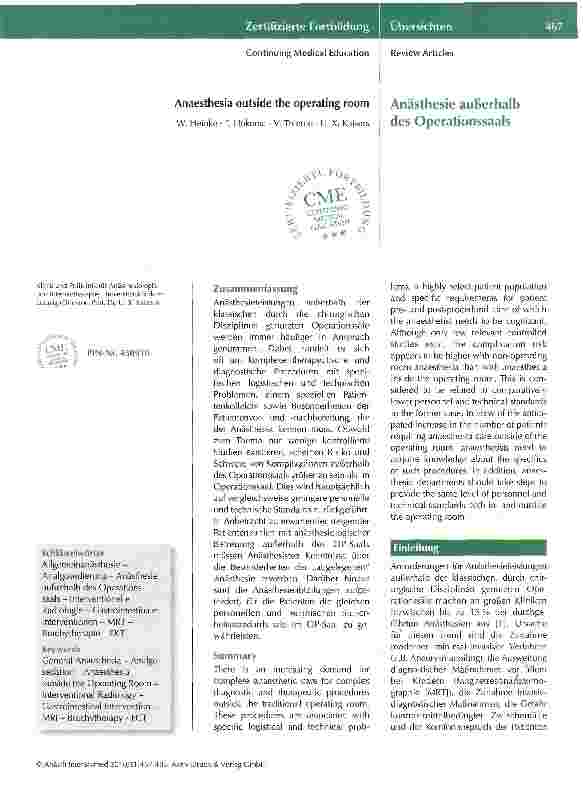 Vorschauseite 1: Anästhesie außerhalb des Operationssaals