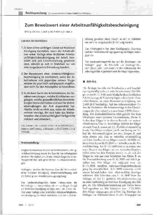 Vorschauseite 1: Zum Beweiswert einer Arbeitsunfähigkeitsbescheinigung