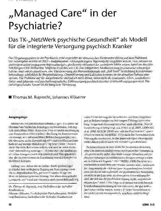Vorschauseite 1: „Managed Care in der Psychiatrie? DasTK-„NetzWerk psychische Gesundheit als Modell für die integrierte Versorgung psychisch Kranker