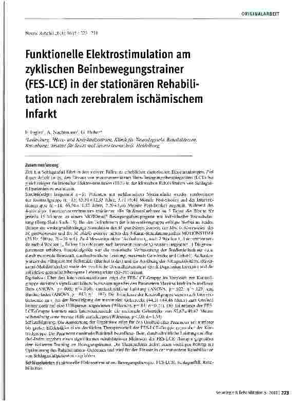 Vorschauseite 1: Funktionelle Elektrostimulation am zyklischen Beinbewegungstrainer (FES-LCE) in der stationären Rehabilitation nach zerebralem ischämischem Infarkt
