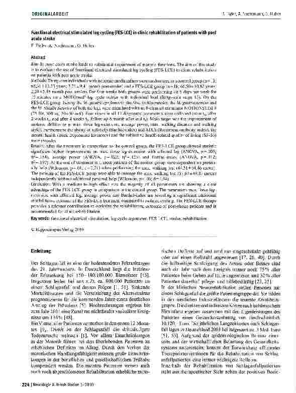 Vorschauseite 2: Funktionelle Elektrostimulation am zyklischen Beinbewegungstrainer (FES-LCE) in der stationären Rehabilitation nach zerebralem ischämischem Infarkt