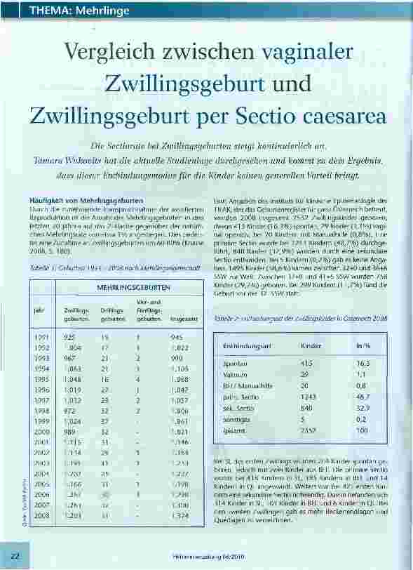 Vorschauseite 1: Vergleich zwischen vaginaler Zwillingsgeburt und Zwillingsgeburt per Sectio caesarea