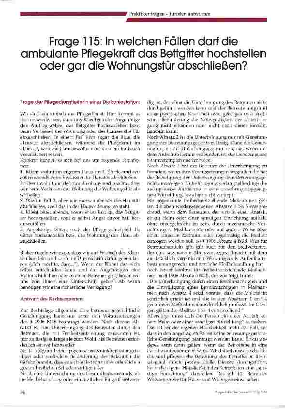Vorschauseite 1: Frage 115: In welchen Fällen darf die ambulante Pflegekraft das Bettgitter hochstellenoder gar die Wohnungstür abschließen?