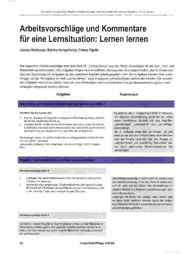 Vorschauseite 1: Arbeitsvorschläge und Kommentare für eine Lernsituation: Lernen lernen