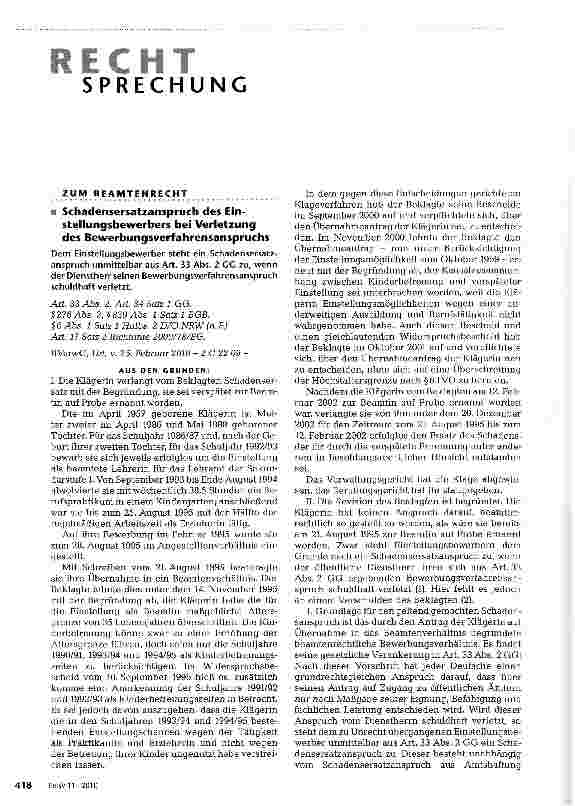 Vorschauseite 1: Schadensersatzanspruch des Einstellungsbewerbers bei Verletzung des Bewerbungsverfahrensanspruchs