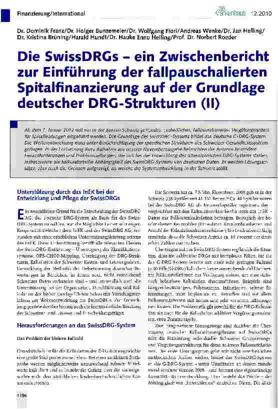 Vorschauseite 1: Die SwissDRGs - ein Zwischenbericht zur Einführung der fallpauschalierten Spitalfinanzierung auf der Grundlage deutscher DRG-Strukturen (II)