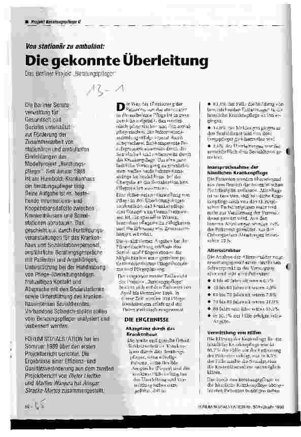 Vorschauseite 1: Die gekonnte Überleitung Das Berliner Projekt Beratungspfleger