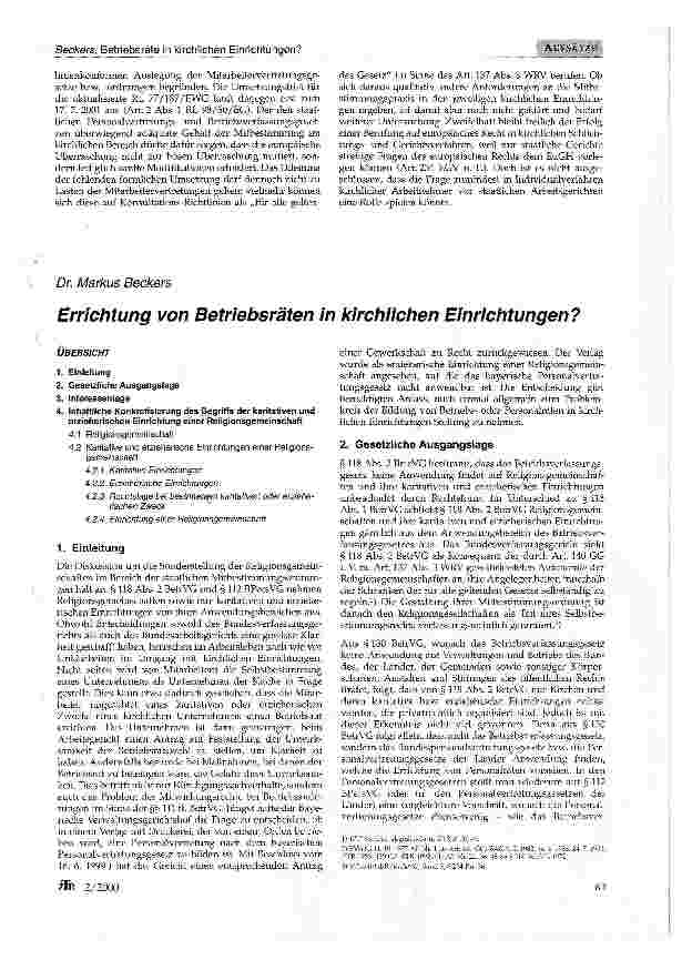Vorschauseite 1: Errichtung von Betriebsräten in kirchlichen Einrichtungen?