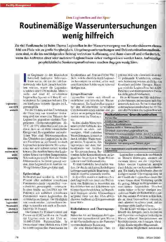 Vorschauseite 1: Routinemäßige Wasseruntersuchungen wenig hilfreich Den Legionellen auf der Spur