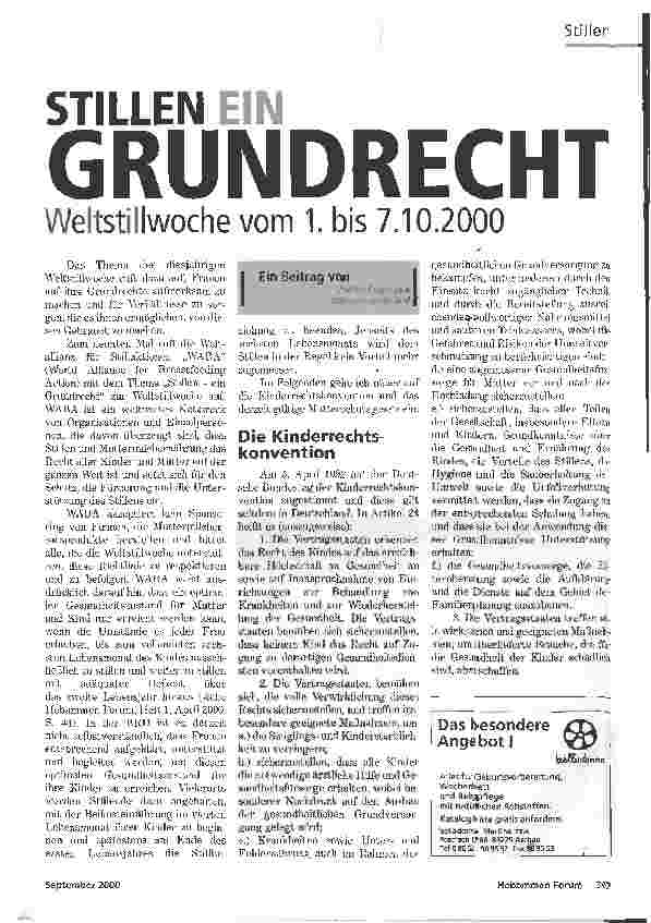 Vorschauseite 1: STILLEN EIN GRUNDRECHTWeltstillwoche vom 1. bis 7. 10. 2000