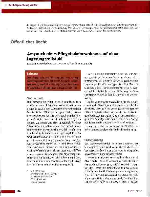 Vorschauseite 1: Anspruch eines Pflegeheimbewohners auf einen Lagerungsrollstuhl