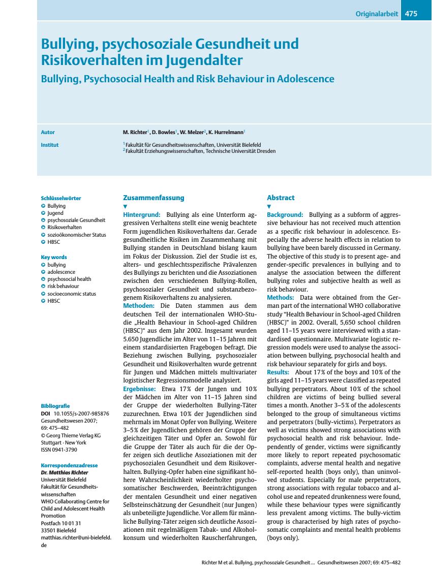 Vorschauseite 1: Bullying, psychosoziale Gesundheit und Risikoverhalten im Jugendalter