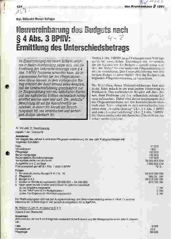 Vorschauseite 1: Neuvereinbarung des Budgets nach Paragraph 4 Abs. 3 BPflV: Ermittlung des Unterschiedsbetrags