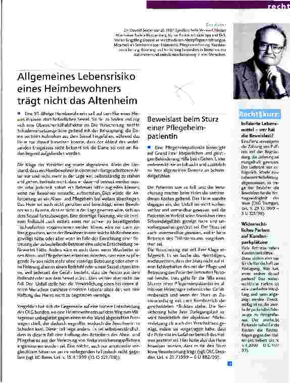 Vorschauseite 1: Allgemeines Lebensrisiko eines Heimbewohners trägt nicht das Altenheim