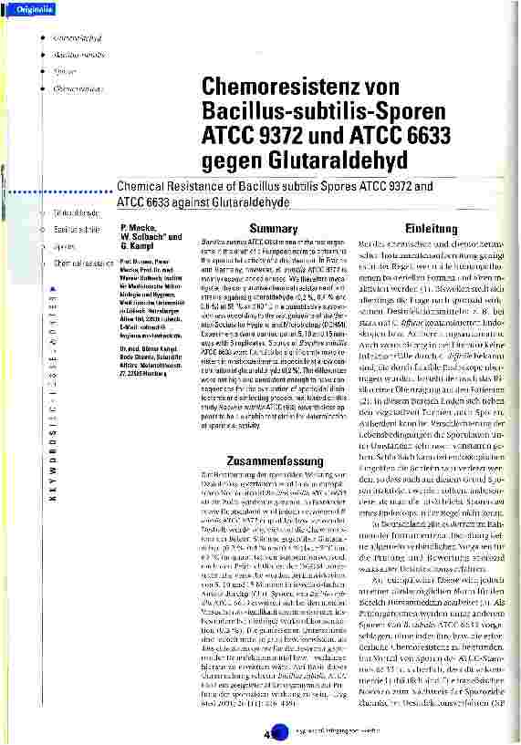Vorschauseite 1: Chemoresistenz von Bacillus-subtilis-Sporen ATCC 9372 und ATCC 6633 gegen Glutaraldehyd