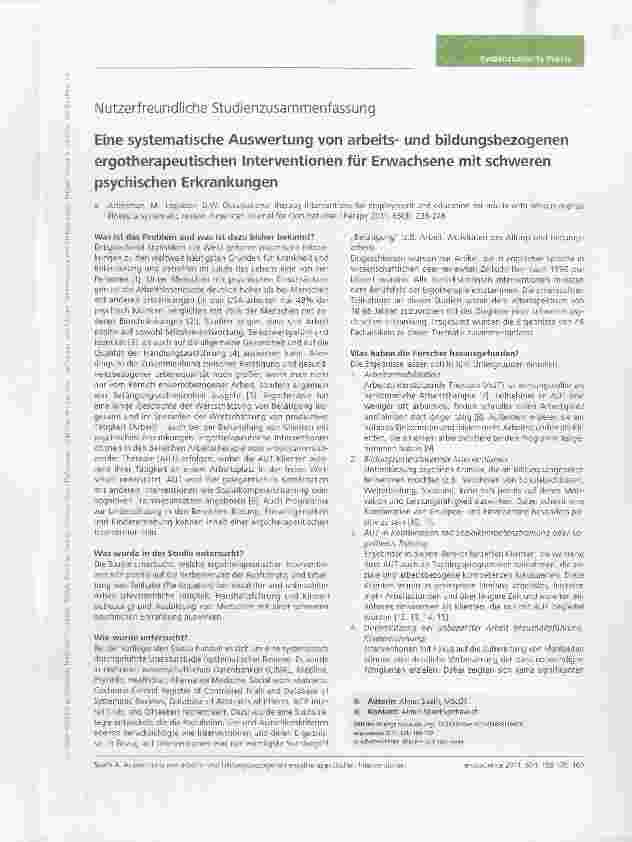 Vorschauseite 1: Nutzerfreundliche StudienzusammenfassungEine systematische Auswertung von arbeitsund bildungsbezogenen ergotherapeutischen Interventionen für Erwachsene mit schweren psychischen E…