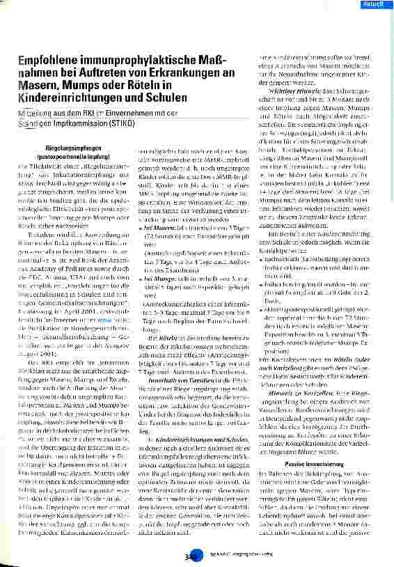 Vorschauseite 1: Empfohlene immunprophylaktische Maßnahmen bei Auftreten von Erkrankungen an Masern, Mumps oder Röteln in Kindereinrichtungen und Schulen