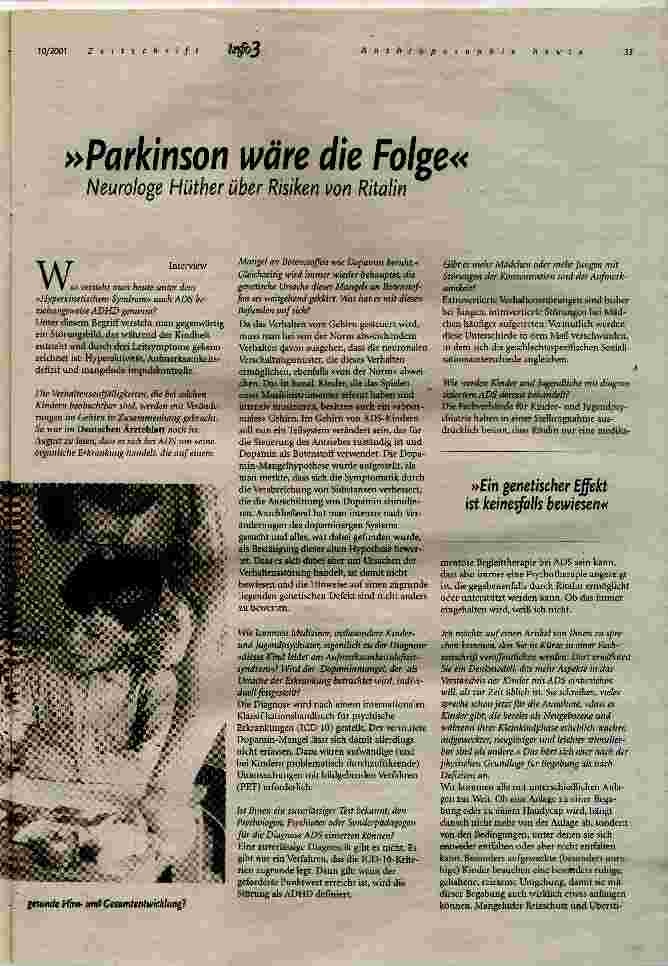 Vorschauseite 1: Parkinson wäre die Folge Neurologe Hüther über Risiken von Ritalin