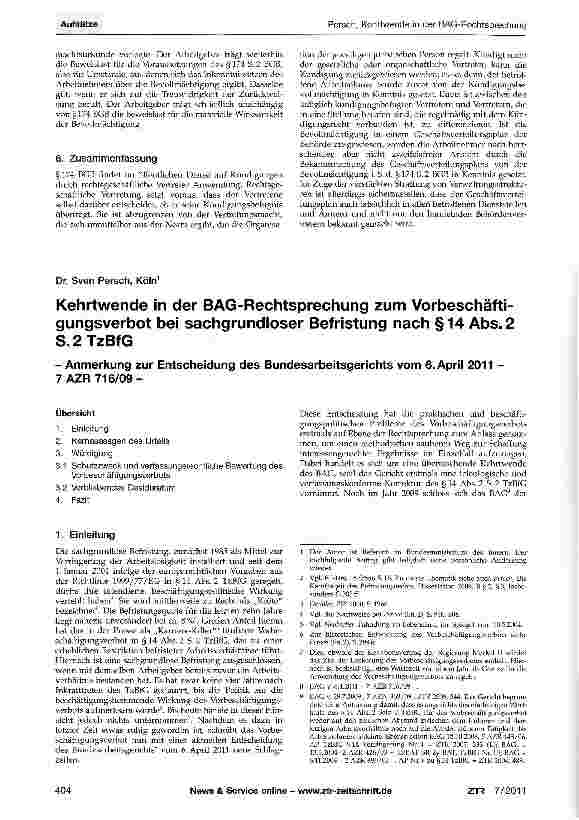 Vorschauseite 1: Kehrtwende in der BAG-Rechtsprechung zum Vorbeschäftigungsverbot bei sachgrundloser Befristung nach §14 Abs. 2 S. 2 TzBfG