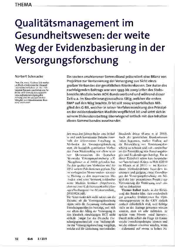 Vorschauseite 1: Oualitätsmanagement im Gesundheitswesen: der weite Weg der Evidenzbasierung in der Versorgungsforschung
