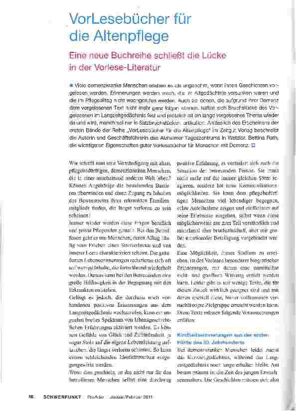Vorschauseite 1: VorLesebücher für die AltenpflegeEine neue Buchreihe schließt die Lücke in der Vorlese-Literatur
