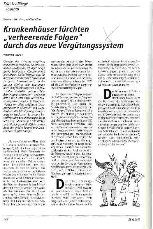 Vorschauseite 1: Krankenhäuser fürchten verheerende Folgen durch das neue Vergütungssystem
