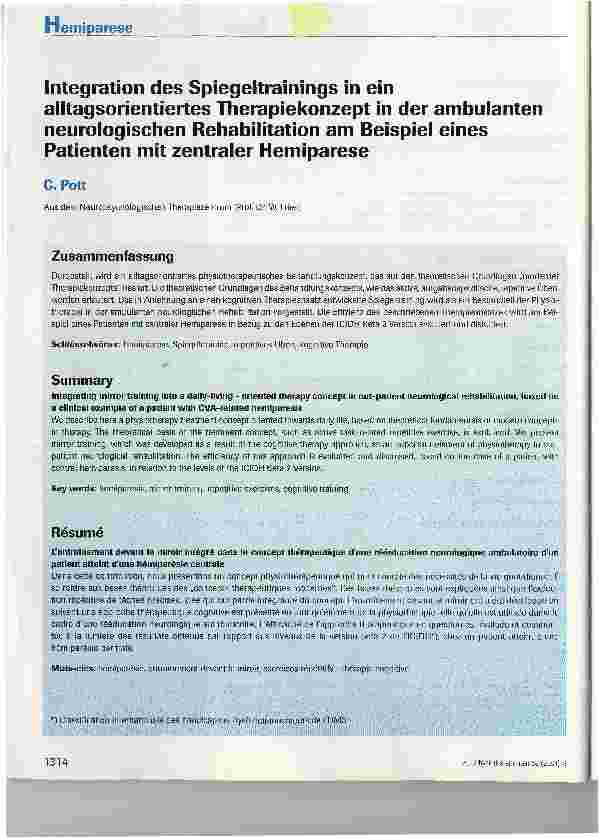 Vorschauseite 1: Integration des Spiegeltrainings in ein alltagsorientiertes Therapiekonzept in der ambulanten neurologischen Rehabilitation am Beispiel eines Patienten mit zentraler Hemiparese