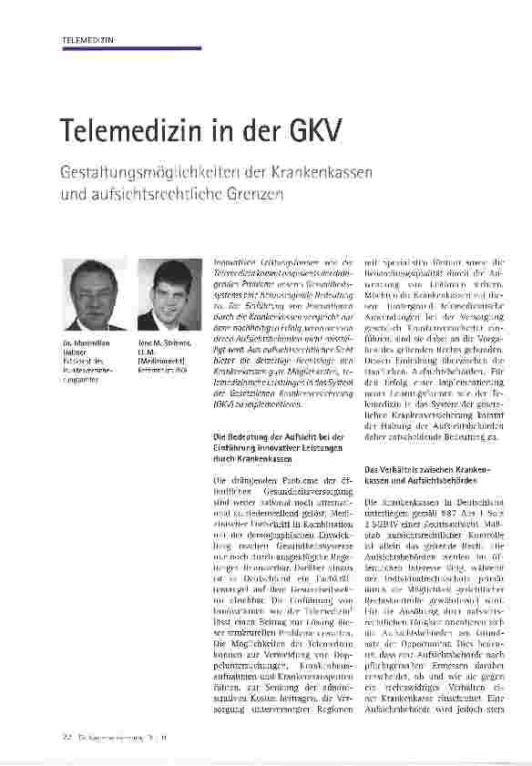 Vorschauseite 1: Telemedizin in der GKVGestaltungsmöglichkeiten der Krankenkassen und aufsichtsrechtliche Grenzen