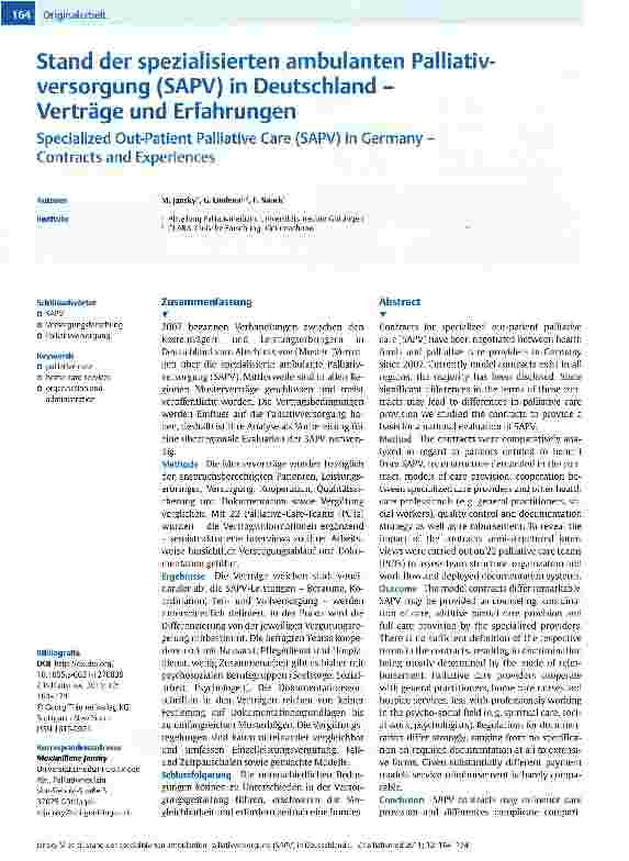 Vorschauseite 1: Stand der spezialisierten ambulanten Palliativversorgung (SAPV) in Deutschland -Verträge und Erfahrungen