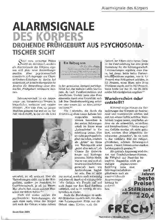 Vorschauseite 1: ALARMSIGNALE DES KÖRPERSDROHENDE FRÜHGEBURT AUS PSYCHOSOMATISCHER SICHT