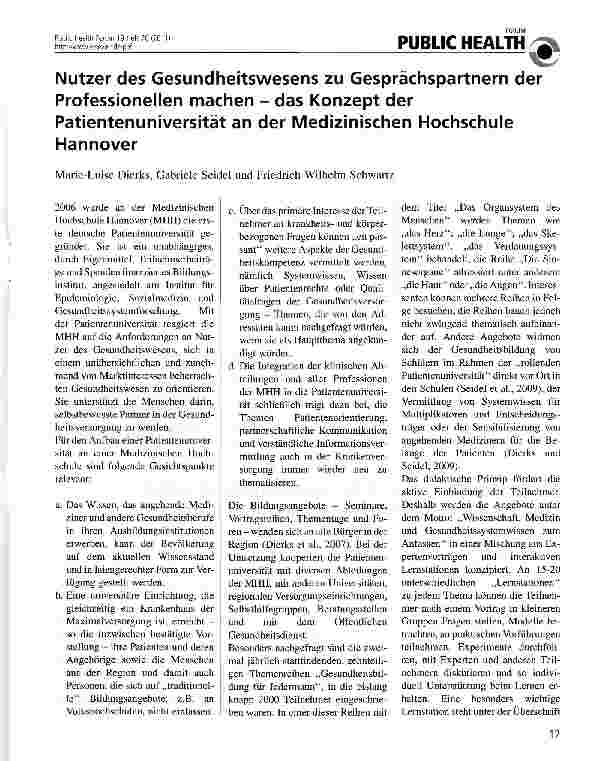 Vorschauseite 1: Nutzer des Gesundheitswesens zu Gesprächspartnern der Professionellen machen - das Konzept der Patientenuniversität an der Medizinischen Hochschule Hannover