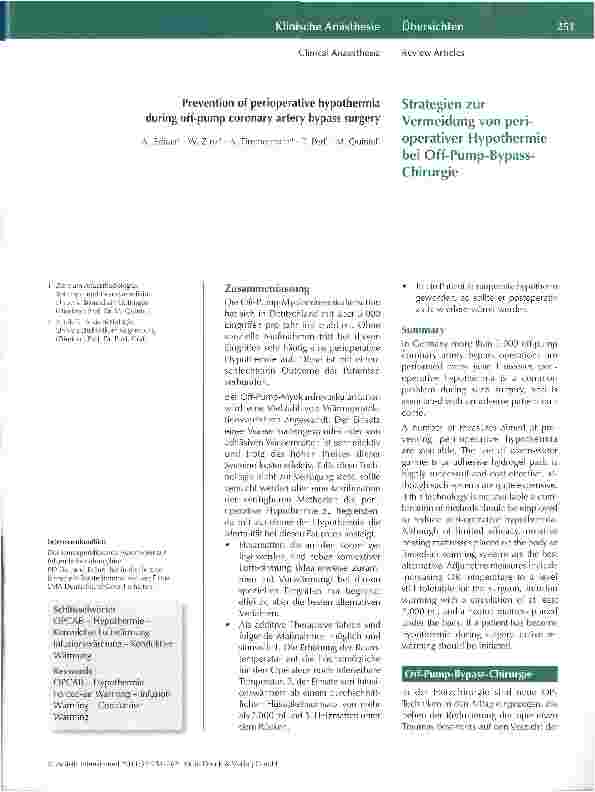 Vorschauseite 1: Strategien zur Vermeidung von perioperativer Hypothermie bei Off-Pump-Bypass-Chirurgie