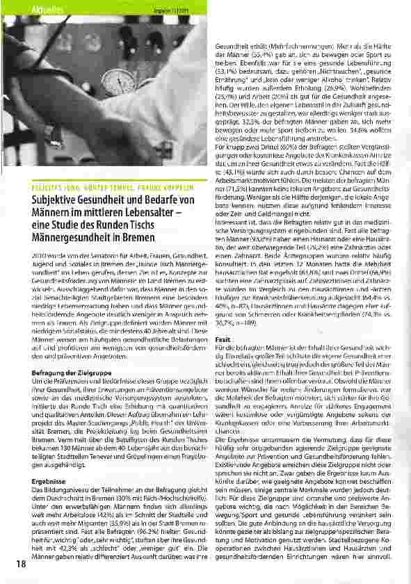Vorschauseite 1: Subjektive Gesundheit und Bedarfe von Männern im mittleren Lebensalter -eine Studie des Runden Tischs Männergesundheit in Bremen
