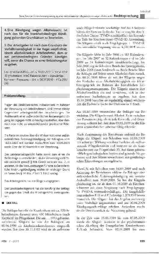 Vorschauseite 2: Zur außerordentlichen Änderungskündigung einer stellvertretenden Pflegedirektorin wegen Alkoholsucht