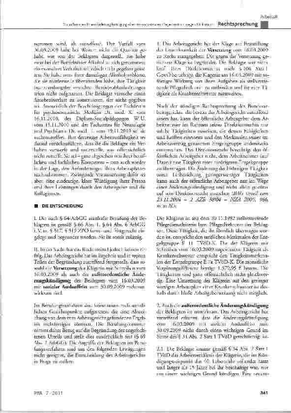 Vorschauseite 4: Zur außerordentlichen Änderungskündigung einer stellvertretenden Pflegedirektorin wegen Alkoholsucht