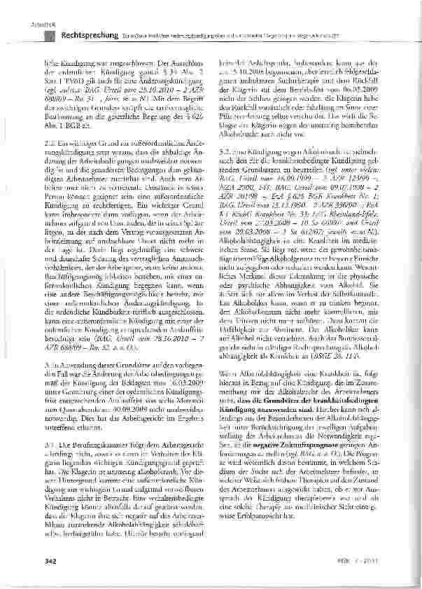 Vorschauseite 5: Zur außerordentlichen Änderungskündigung einer stellvertretenden Pflegedirektorin wegen Alkoholsucht