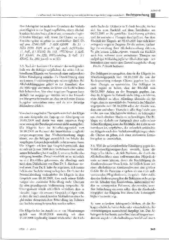 Vorschauseite 6: Zur außerordentlichen Änderungskündigung einer stellvertretenden Pflegedirektorin wegen Alkoholsucht