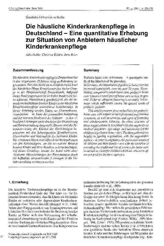 Vorschauseite 1: Die häusliche Kinderkrankenpflege in Deuschland - Eine quantitative Erhebung zur Situation von Anbietern häuslicher Kinderkrankenpflege