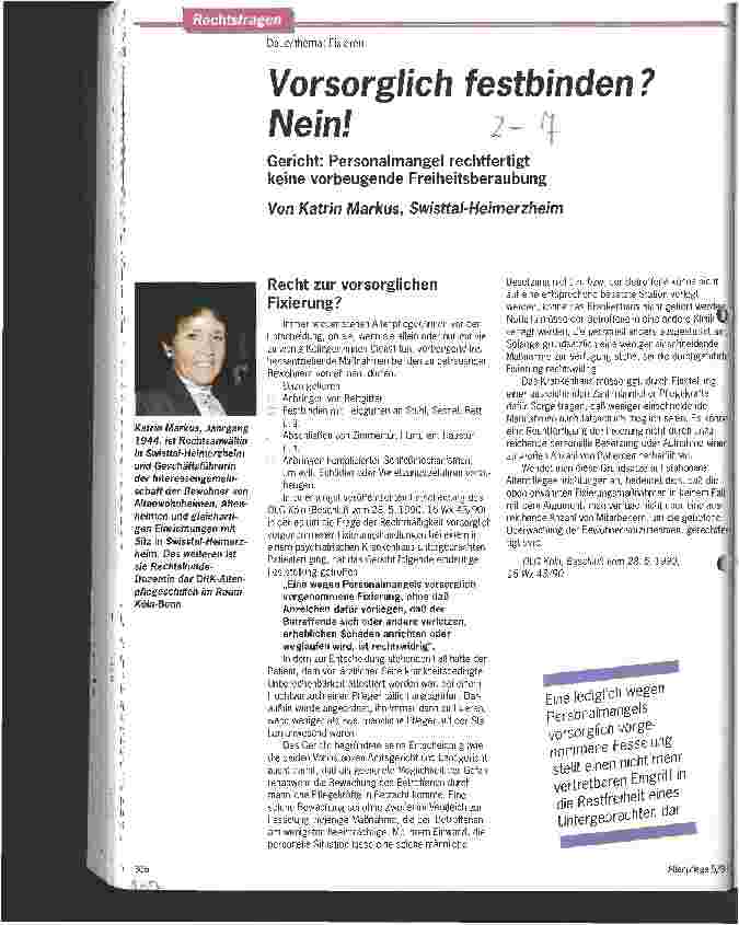 Vorschauseite 1: Vorsorglich festbinden? Nein! - Gericht: Personalmangel rechtfertigt keine vorbeugende Freiheitsberaubung