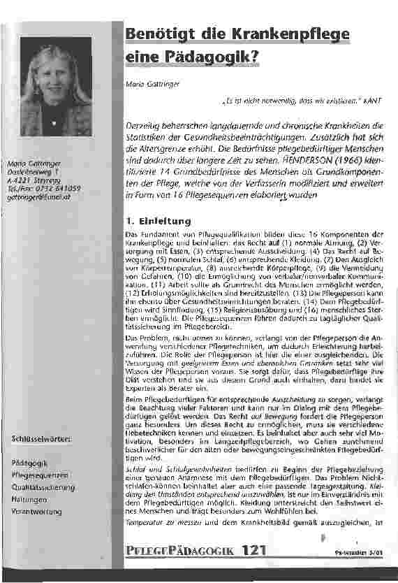 Vorschauseite 1: Benötigt die Krankenpflege eine Pädagogik?