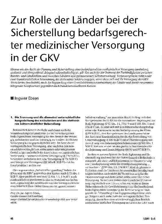 Vorschauseite 1: Zur Rolle der Länder bei der Sicherstellung bedarfsgerechter medizinischer Versorgung inder GKV