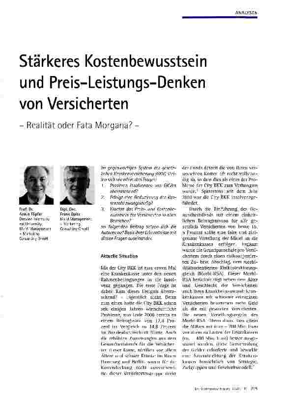 Vorschauseite 1: Stärkeres Kostenbewusstsein und Preis-Leistungs-Denken von Versicherten