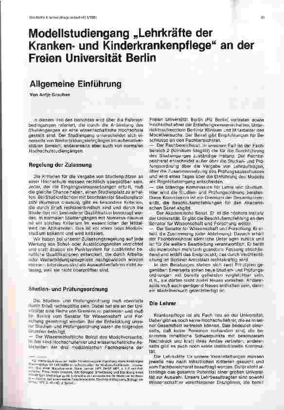 Vorschauseite 1: Modellstudiengang „Lehrkräfte der Krankenund Kinderkrankenpflege an der Freien Universität Berlin