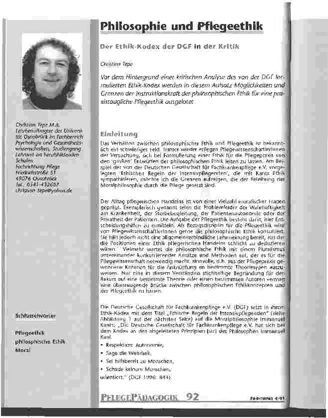 Vorschauseite 1: Philosophie und Pflegeethik Der Ethik-Kodex der DGF in der Kritik
