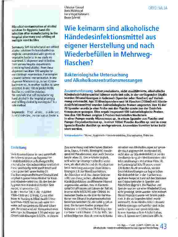 Vorschauseite 1: Wie keimarm sind alkoholische Händedesinfektiosmittel aus eigener Herstellung und nach Wiederbefüllen in Mehrwegflaschen?